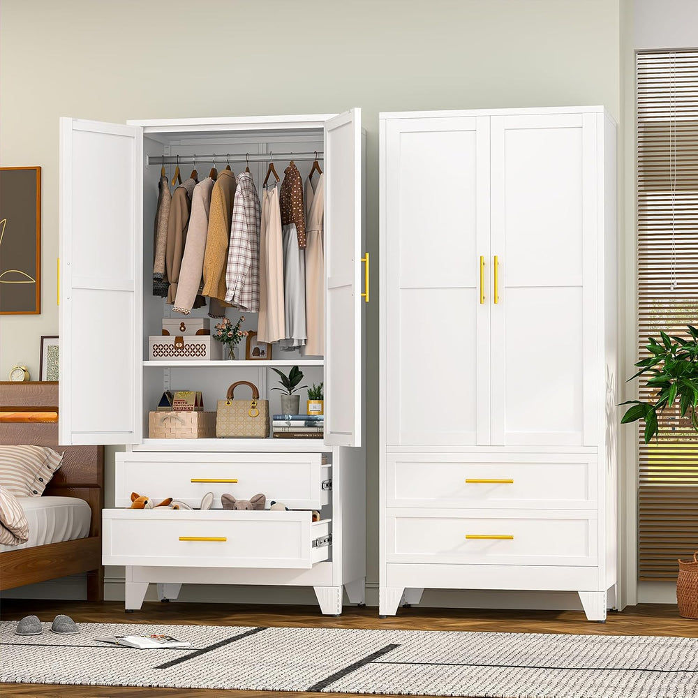 RIETERN Metal Armoire Wardrobe Closet, 71" Tall White Bedroom Closet