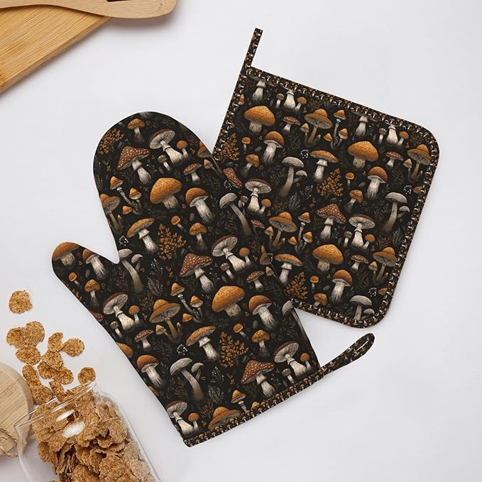 Oven Mitts and Pot Holders Set, Vintage Mushroom Leaf Silicone Kitchen - Image 6