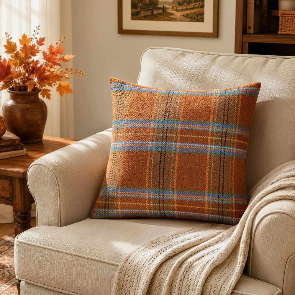 MIULEE Fall Plaid Decorative Pillow Covers Set of 2 16x16 Orange