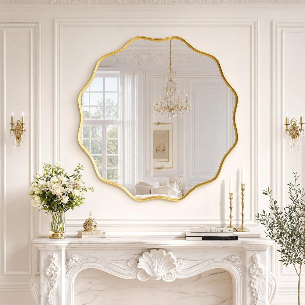 Gold Scalloped Circle Mirror, 24" Wavy Edge Round Wall Mirror