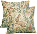 Spring Pillow Covers 16x16 Inch Set of 2 Rabbit Bunny Floral Flower Green Leaves Vintage Botanical Plants Easter Themed Cotton Linen Decorative Throw Pillow Case for Bedroom Sofa Living Room Chair