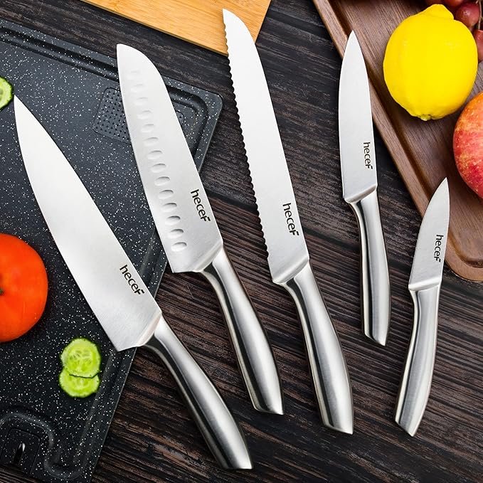 hecef Silver Kitchen knife set of 5, Satin Finish Blade - Image 7