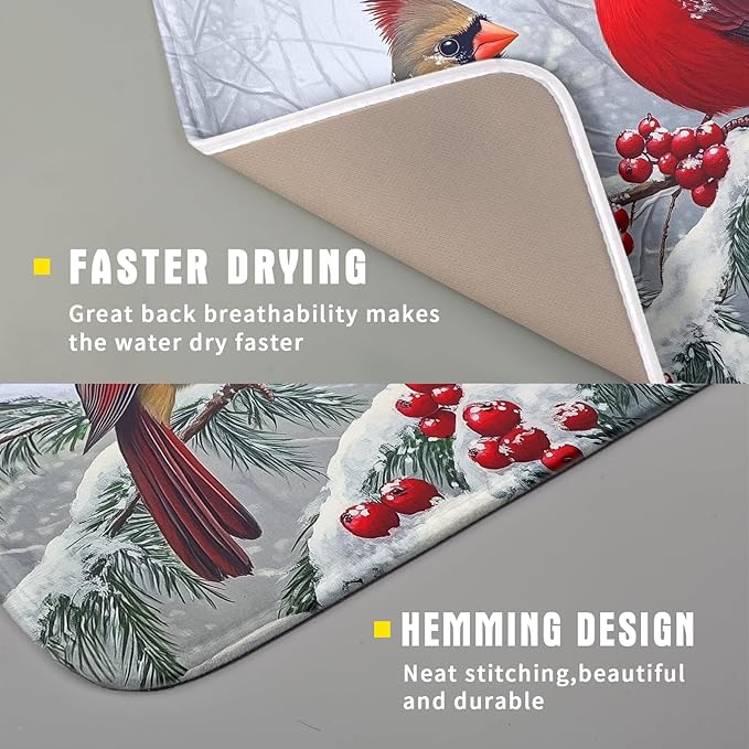 Christmas Bird Dish Drying Mat for Kitchen Counter 16 x 18 Inches Red Winter - Image 2
