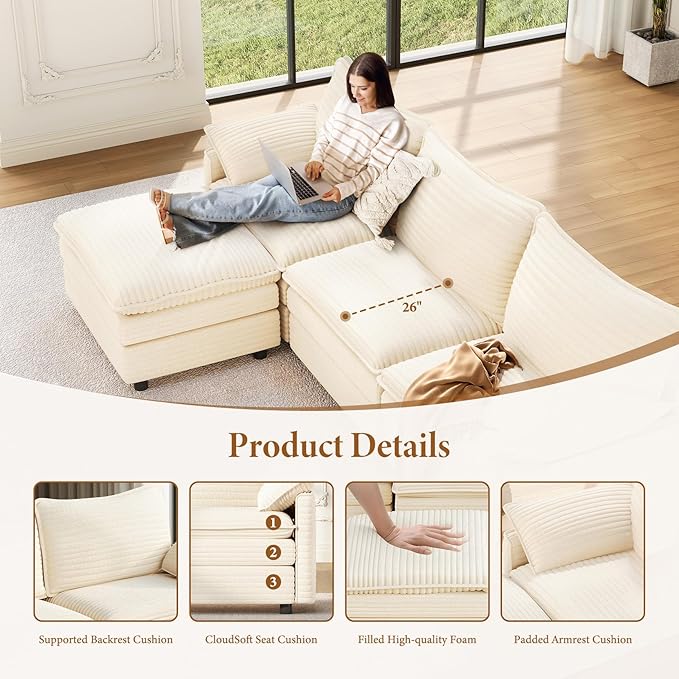 Vesgantti Large Modular Sectional Sofa, Big Comfy Cloud Couch with Ottoman De...