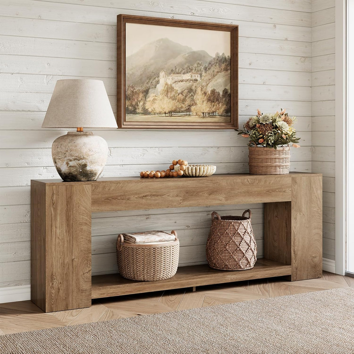 Epecoya 86-Inch Extra Long Console Tables for Entryway, Natural Oak Brown | 2-Tier Farmhouse Sofa Table Behind Couch, Wooden Entry Console Tables with Storage Shelves for Entrance, Living Room