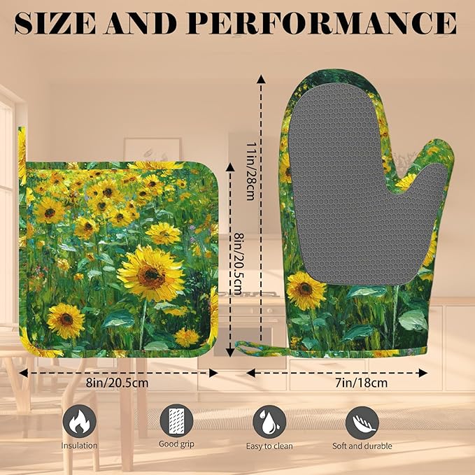 Vintage Sunflower Oven Mitts and Pot Holders Sets Flower Oil Painting Silicone - Image 3