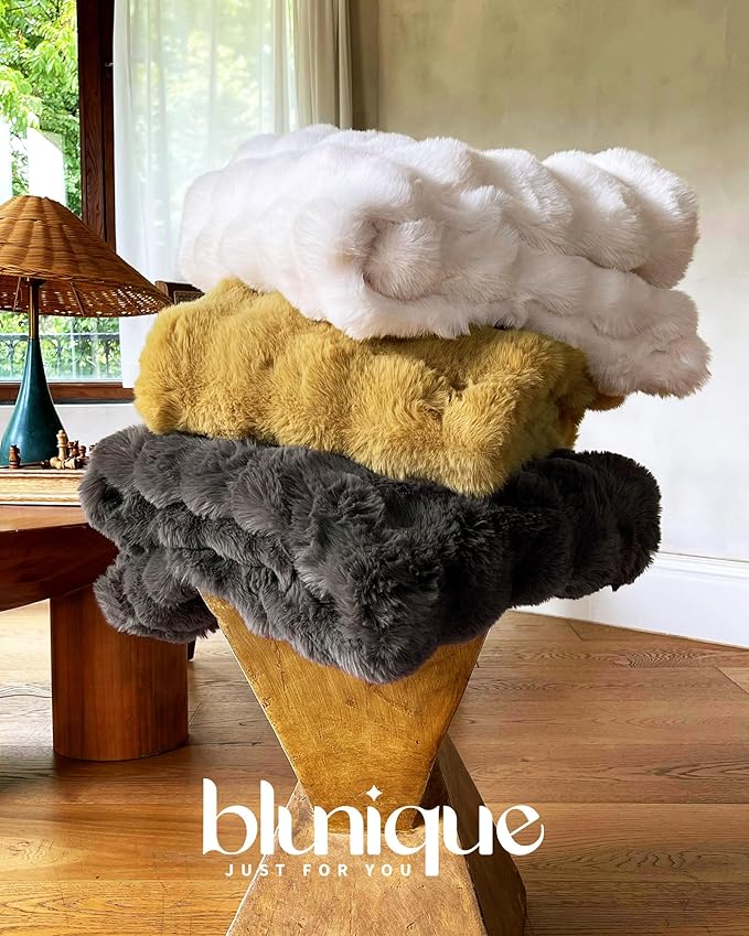Ultra Soft Cozy Faux Fur Throw Blanket, Fuzzy Plush Thick Bubble Blanket - Image 9