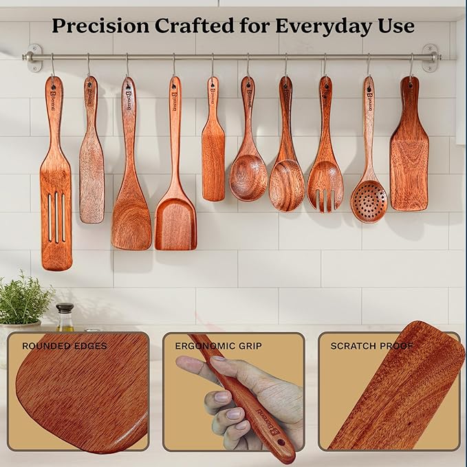 10Pcs Wooden Kitchen Utensil Set, Premium Natural Acacia Wood Cooking Utensils - Image 7