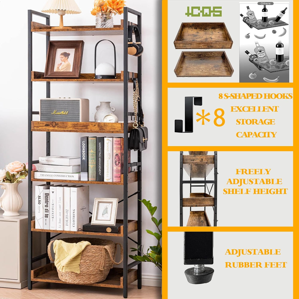 HCHQHS Adjustable 6 Tier Open Bookcase, Rustic Farmhouse Book Shelves, Indust...