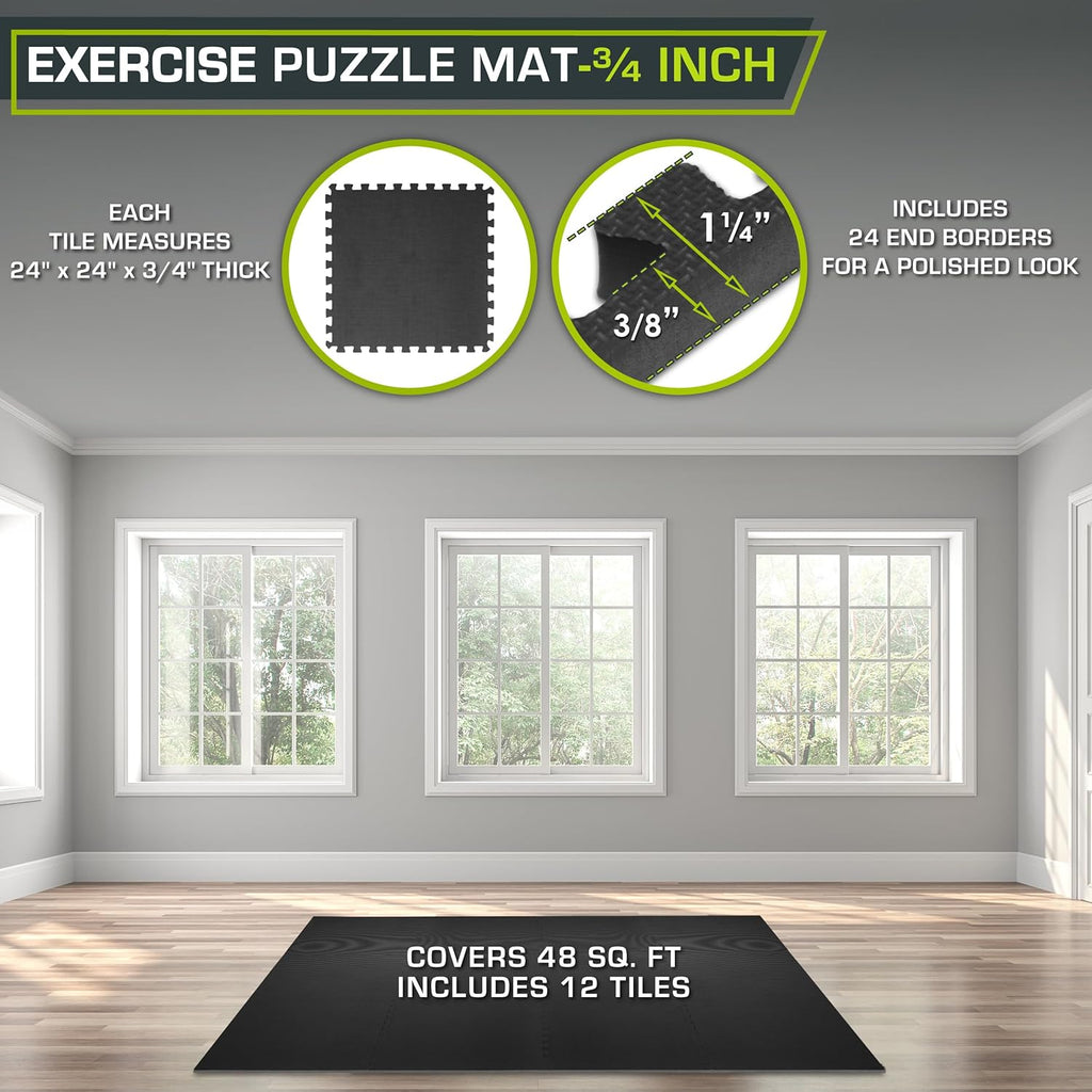 ProsourceFit Weaved Pattern Extra Thick Exercise Puzzle Mat 3/4-inch, EVA Foam Interlocking Tiles for Protective, Cushioned Flooring for Home and Gym Equipment; Black, 48 SQ FT, 12 Tiles