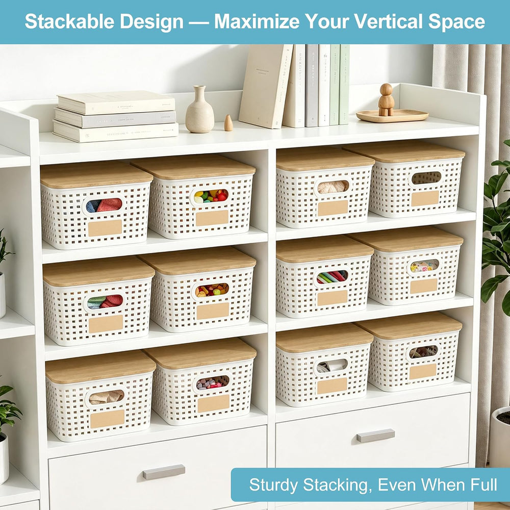 Small Plastic Storage Bins with Bamboo Lids 5.2qt Stackable Box Basket Pantry...