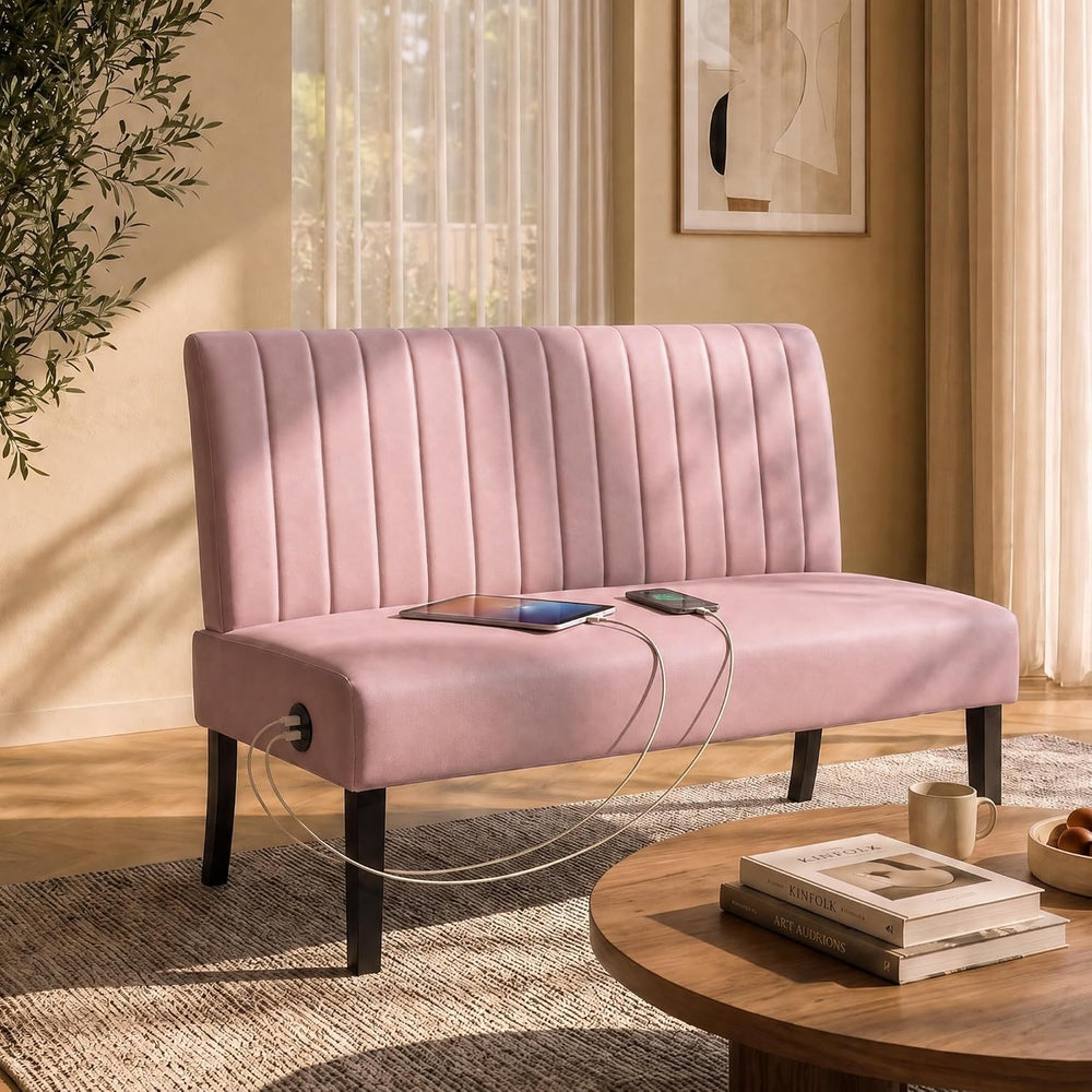 Oversized Armless Accent Chair Loveseat, Small Sofa, Pink Velvet, Modern