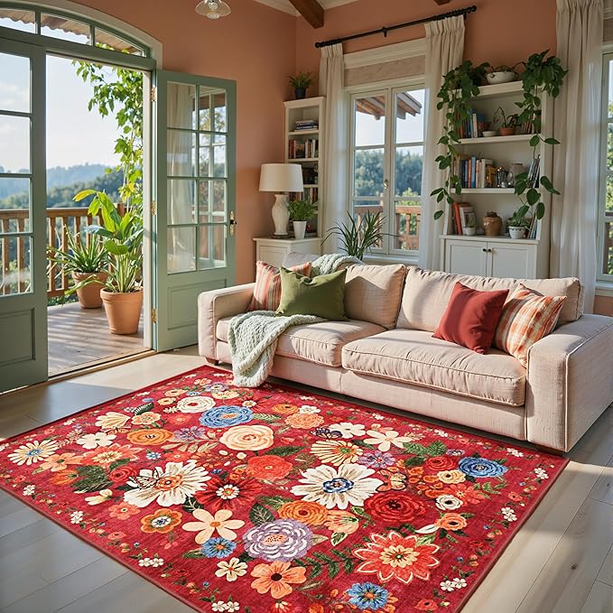 Area Rug 4x6 Rug Washable Boho Rugs Non Slip Low Pile Floral Small Carpet by WelcometoBabovid
