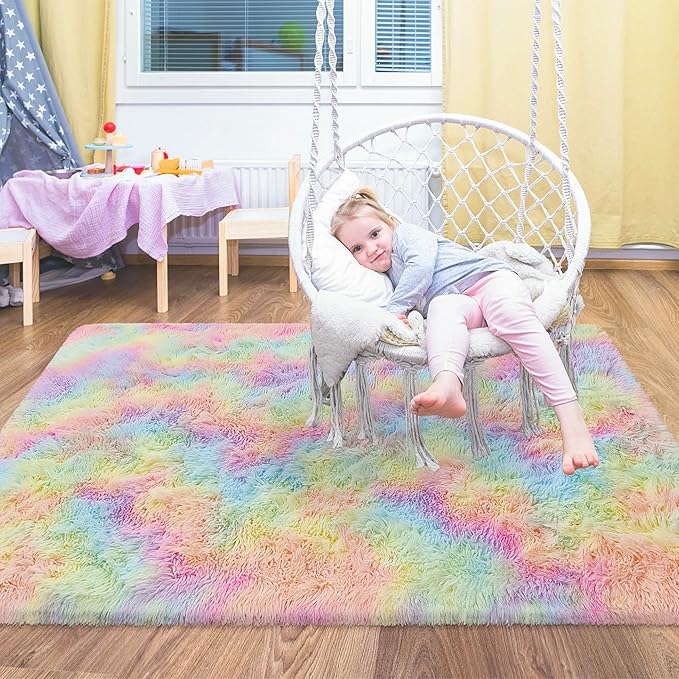 Small Fluffy Rainbow Colorful Area Rug - Image 4