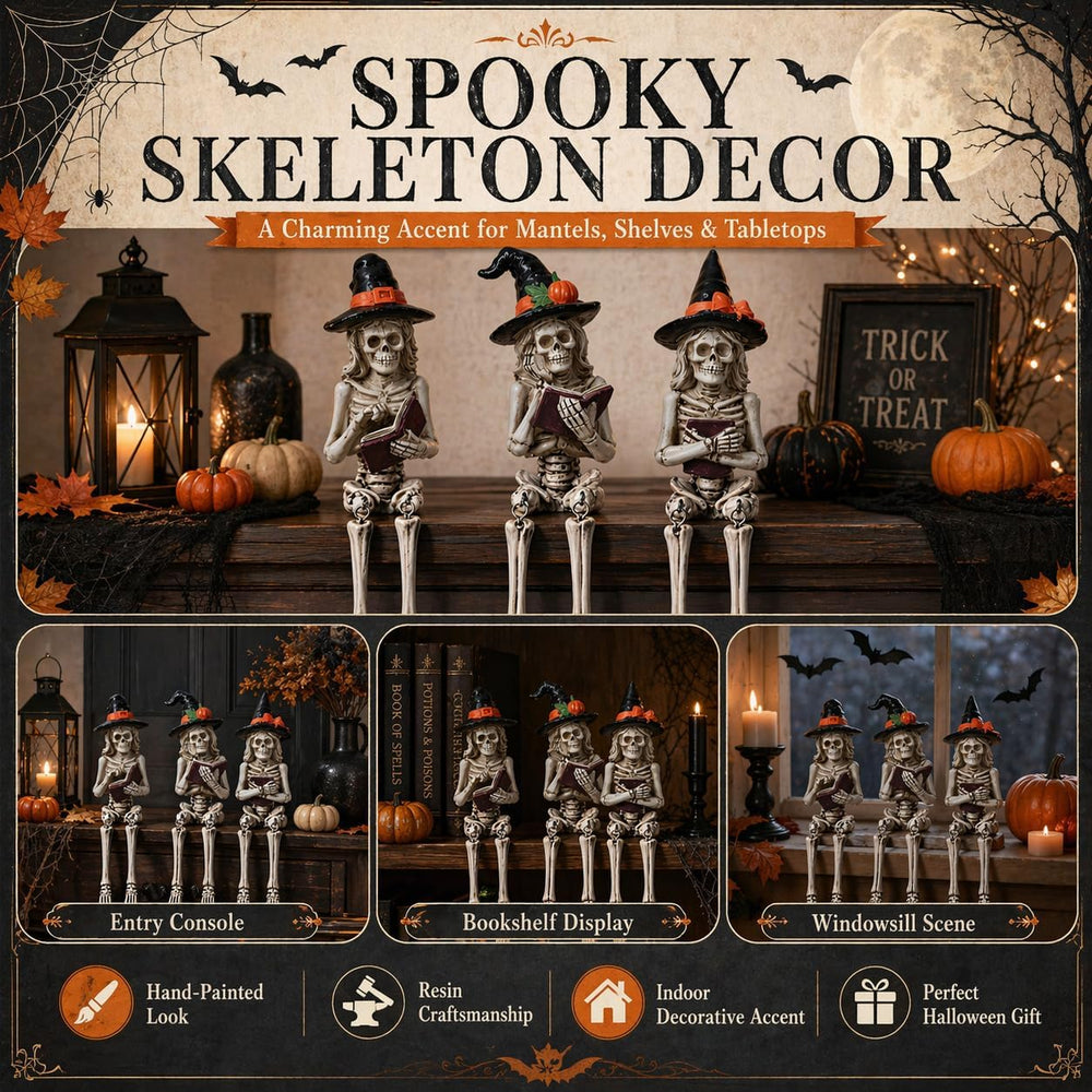 Dlfghos 3 Pieces Halloween Skeleton Statue Halloween Skull Figurine Home Deco...