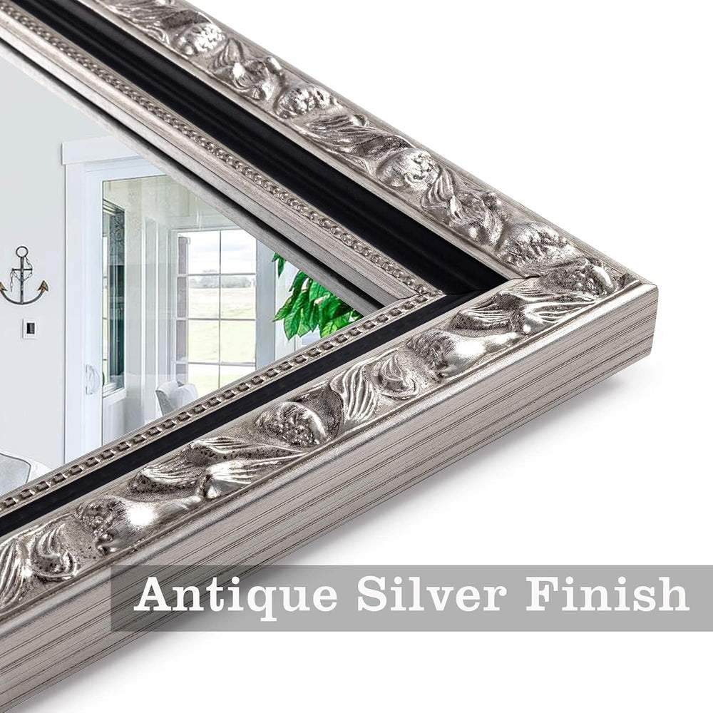 46x22 Inch Baroque Carved Solid Wood Wall Mirror, Antique Silver