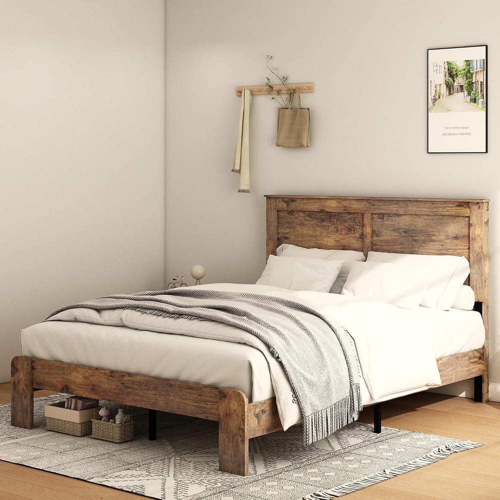 DWOYFO Wood Platform Bed Frame, Full Bed Frame with Headboard, Dark Brown