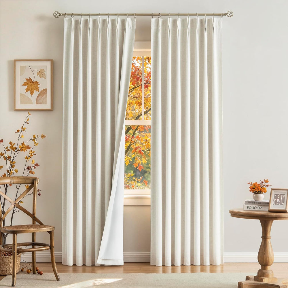 Vision Home Natural Pinch Pleated Full Blackout Curtains Linen Blended Room D...