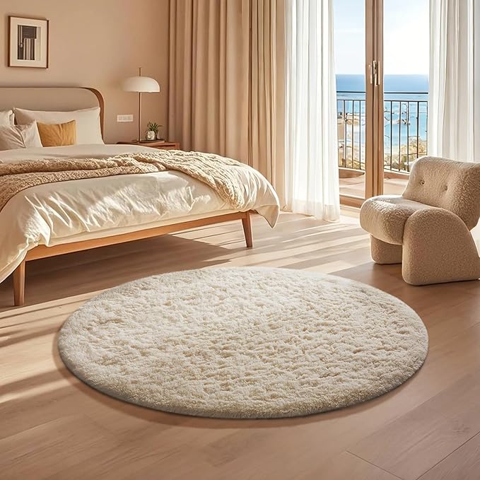 Ophanie Round Rug 3Ft Ivory Circle Area Rugs, Fluffy Fuzzy Small Bedroom Carpet - Image 5