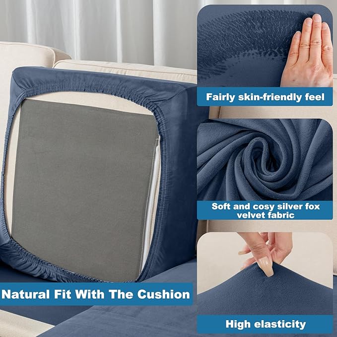 Couch Cover 6-Piece Elastic Velvet Couch Cushion Covers & Chaise Slipcovers - Image 4