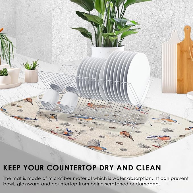 Sanwarm Absorbent Dish Drying Mat, Vintage Birds Watercolor Cute Floral - Image 4