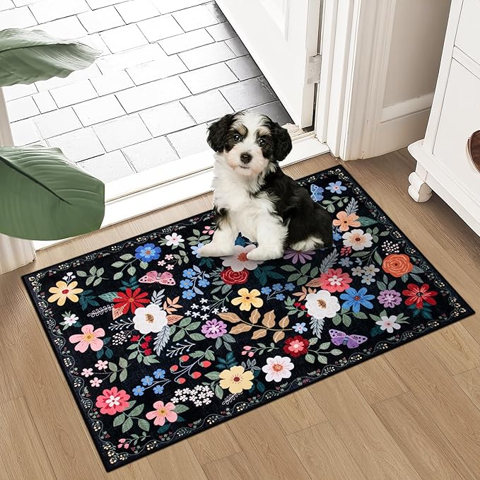 Entryway Rug 2X3 Small Rugs: Floral Washable Door Mat Vintage Soft Low Pile - Image 2