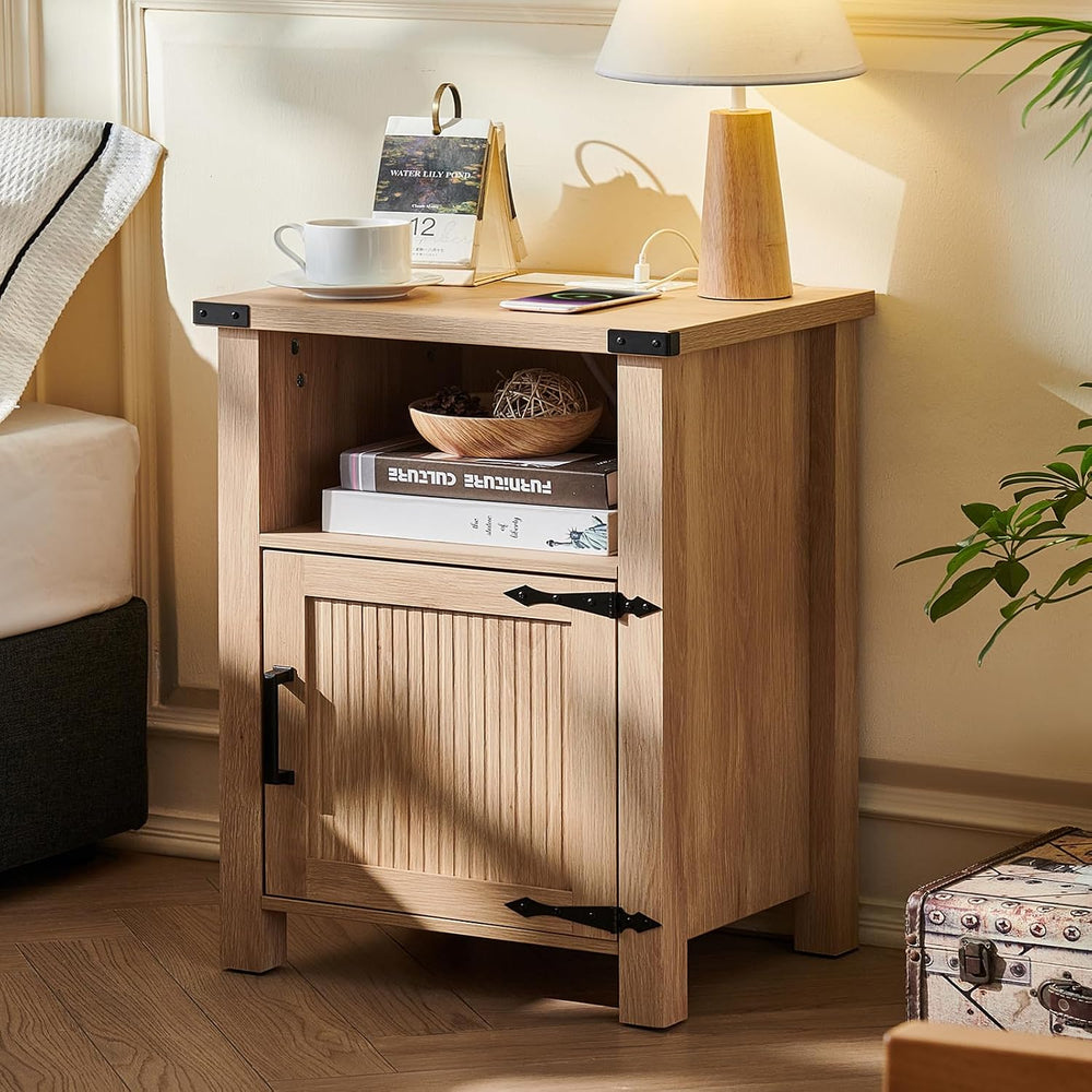 Joaxswe 18-Inch Nightstand with Charging Station and Fluted Door,Natural | 18...