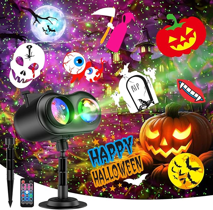 Halloween Christmas Projector Lights Outdoor, 8 Brighter HD Holiday Patterns with Firefly & Ocean Wave Effects, 20 Slides, Waterproof Snowflake Projector with Timer for House Garden Yard Xmas New Year