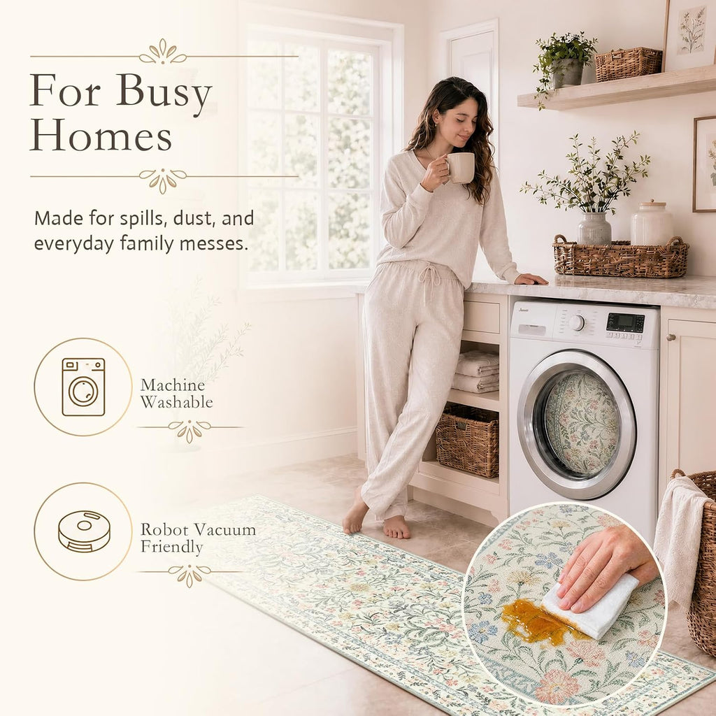 Wonnitar Washable Rug Runner 2'6''x8', Boho Floral Hallway Runner Rug 8ft Long Carpet for Bedroom, Soft Non Slip Ultra-Thin Beige Carpets for Bathroom Kitchen Bedside