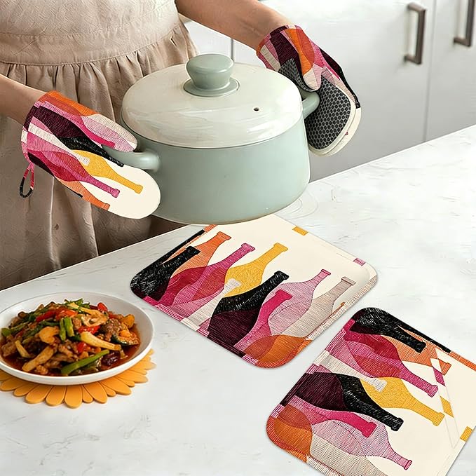 Red Wine Bottle Oven Mitts and Pot Holders Sets, Silicone Kitchen Mitts - Image 7
