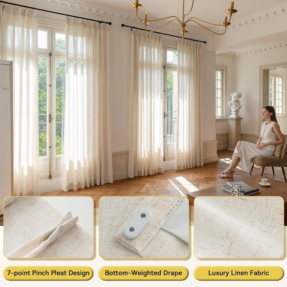 Liz Sheer Pinch Pleated Linen Curtains 90 Inches Long - Light Filtering Pleat...