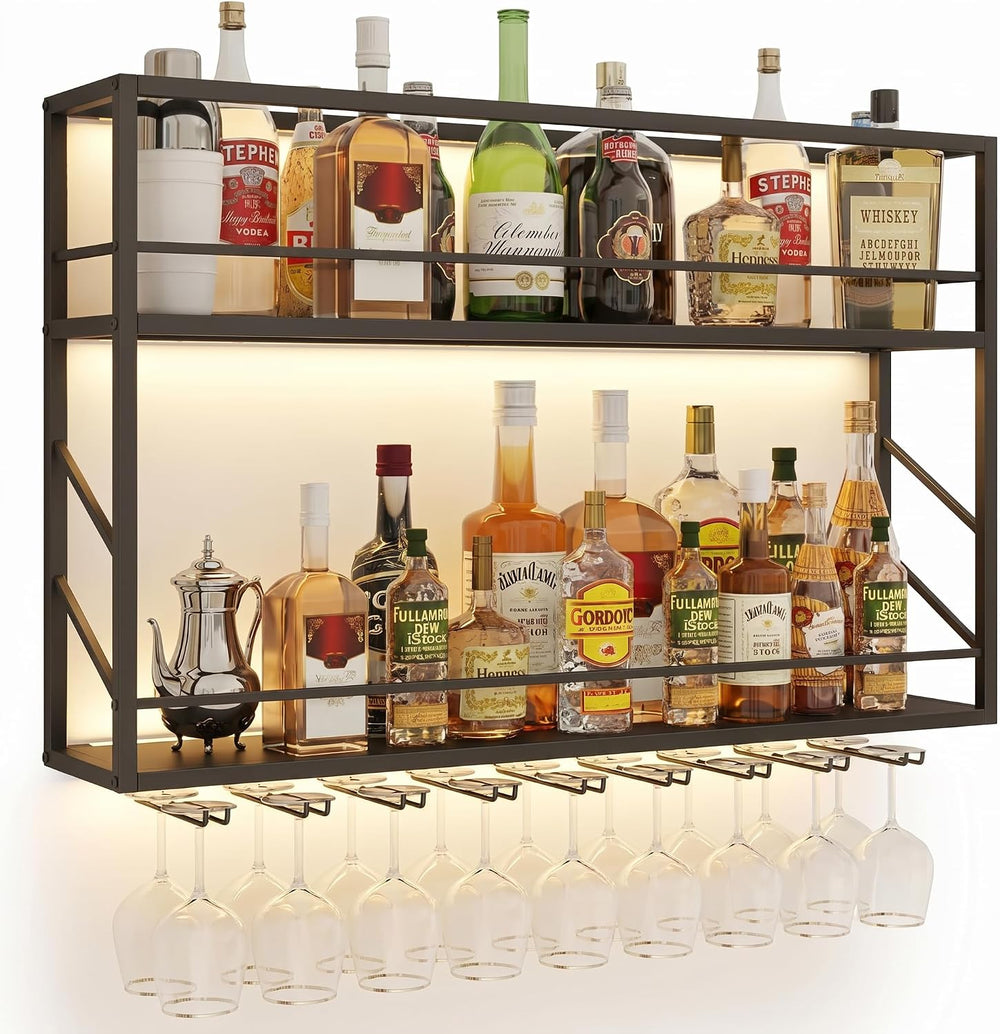 2-Tier Wall Mounted Wine Rack with LED, 31.5”W x 7.8”D x 26”H | Metal Bar Liq...