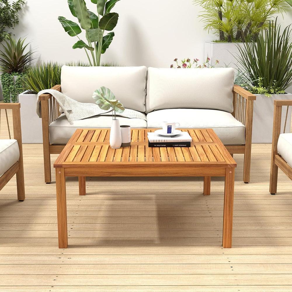 Outdoor Coffee Table, Acacia Wood Side Table With Slatted Tabletop, Square Pa...
