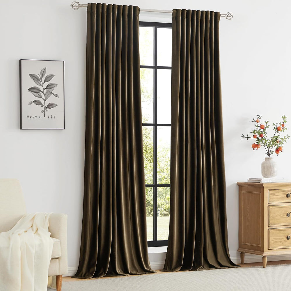 PRIMROSE Brown Velvet Curtains 96 inch Long for Living Room,Set of 2 Panels B...