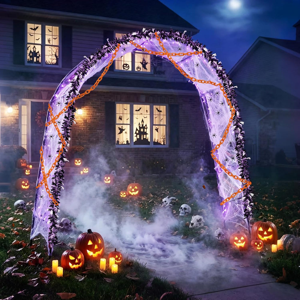 7Pcs Halloween Outdoor Arch Decor, 1 Arches 20 Spiders 3 Tinsel Garland