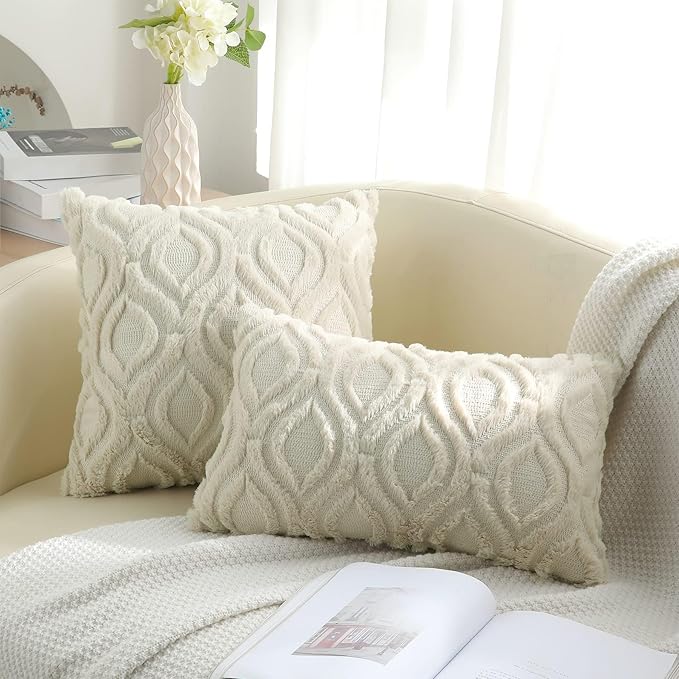 decorUhome Throw Pillow Covers 22x22 Inch Set of 2, Soft Plush Faux Wool Beige - Image 9