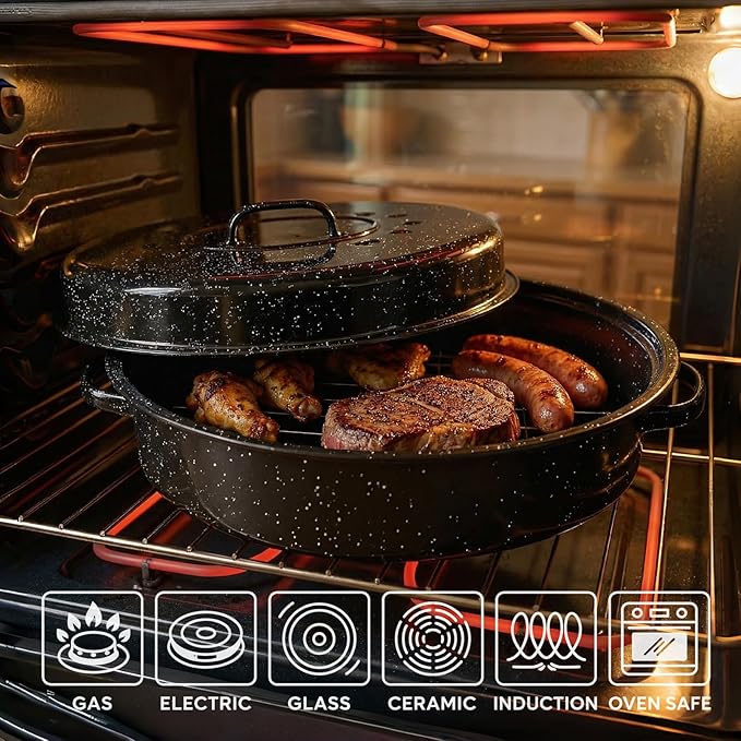 Oval Roasting Pan with Lid and Rack 18" Large Roaster Pan Set Comes With Lron - Image 4