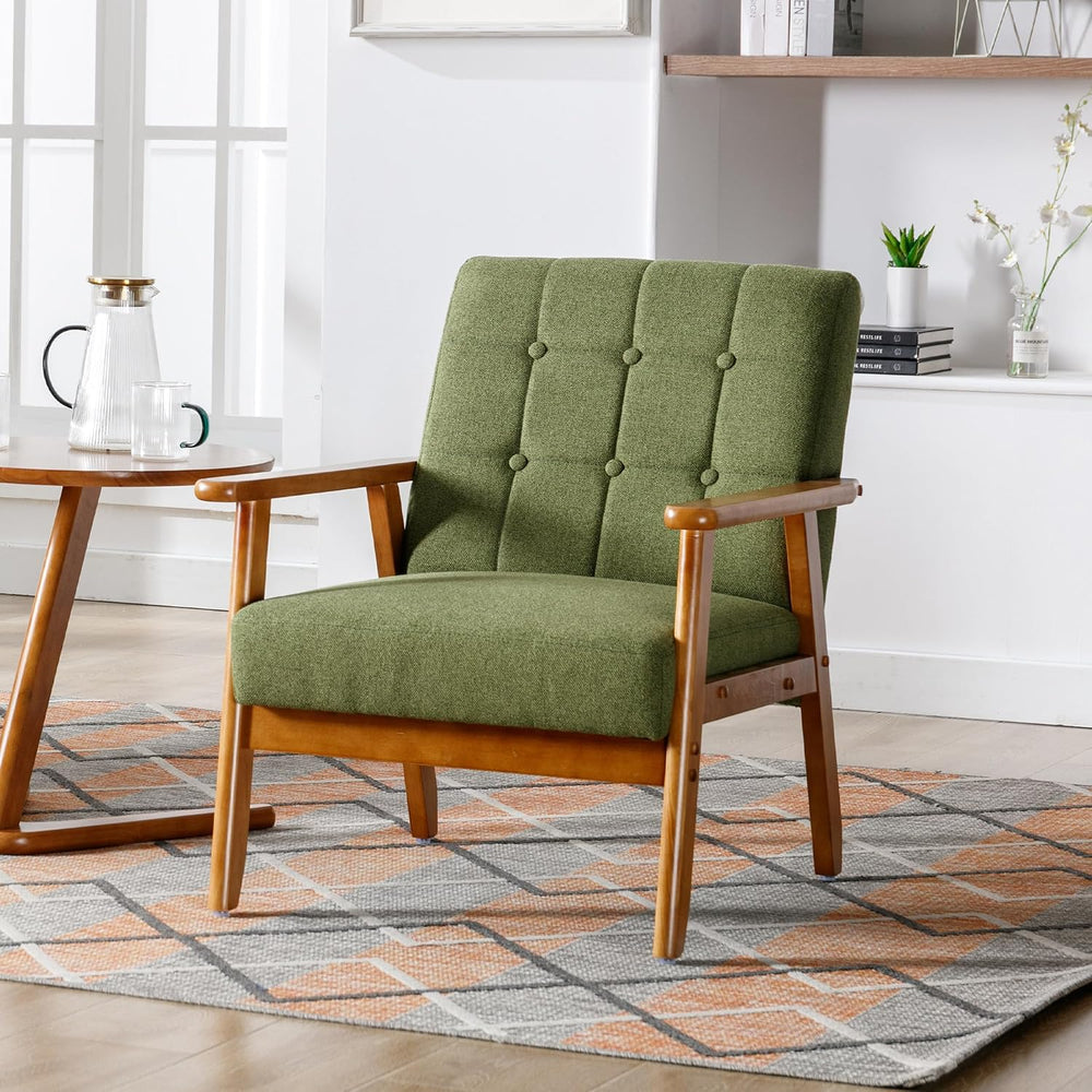 Modern Accent Chair, Mid-Century Linen Armchair with Solid Wood Armrests, But...