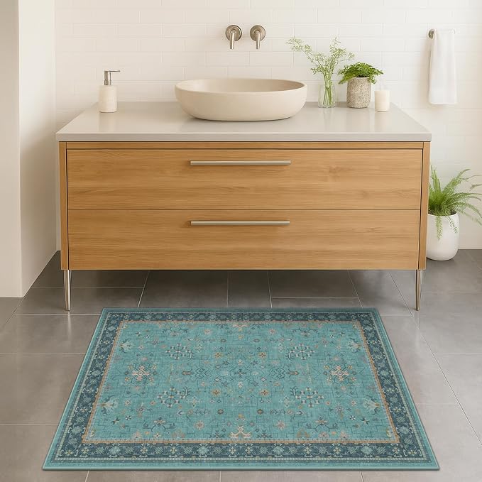 2x3 Washable Teal Rug for Entryway Indoor, Kitchen Floor Waterproof, Powder Room - Image 6