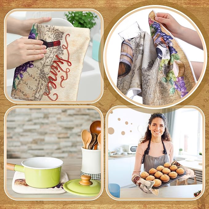 Fourluoo 10 Pcs Wine Kitchen Dish Towels Rugs Oven Mitts and Pot Holders Set - Image 4