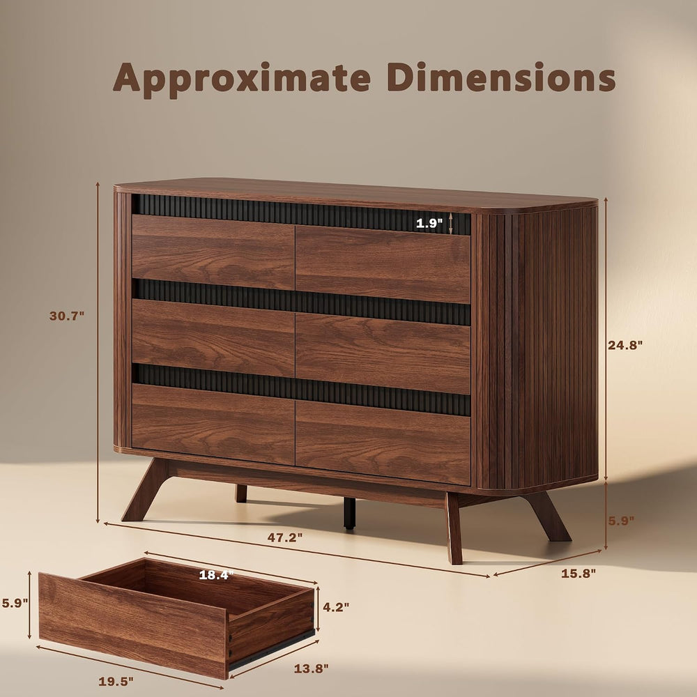 OURPIC Fluted 6 Drawer Dresser for Bedroom, 47W x 31H, Modern Walnut Brown