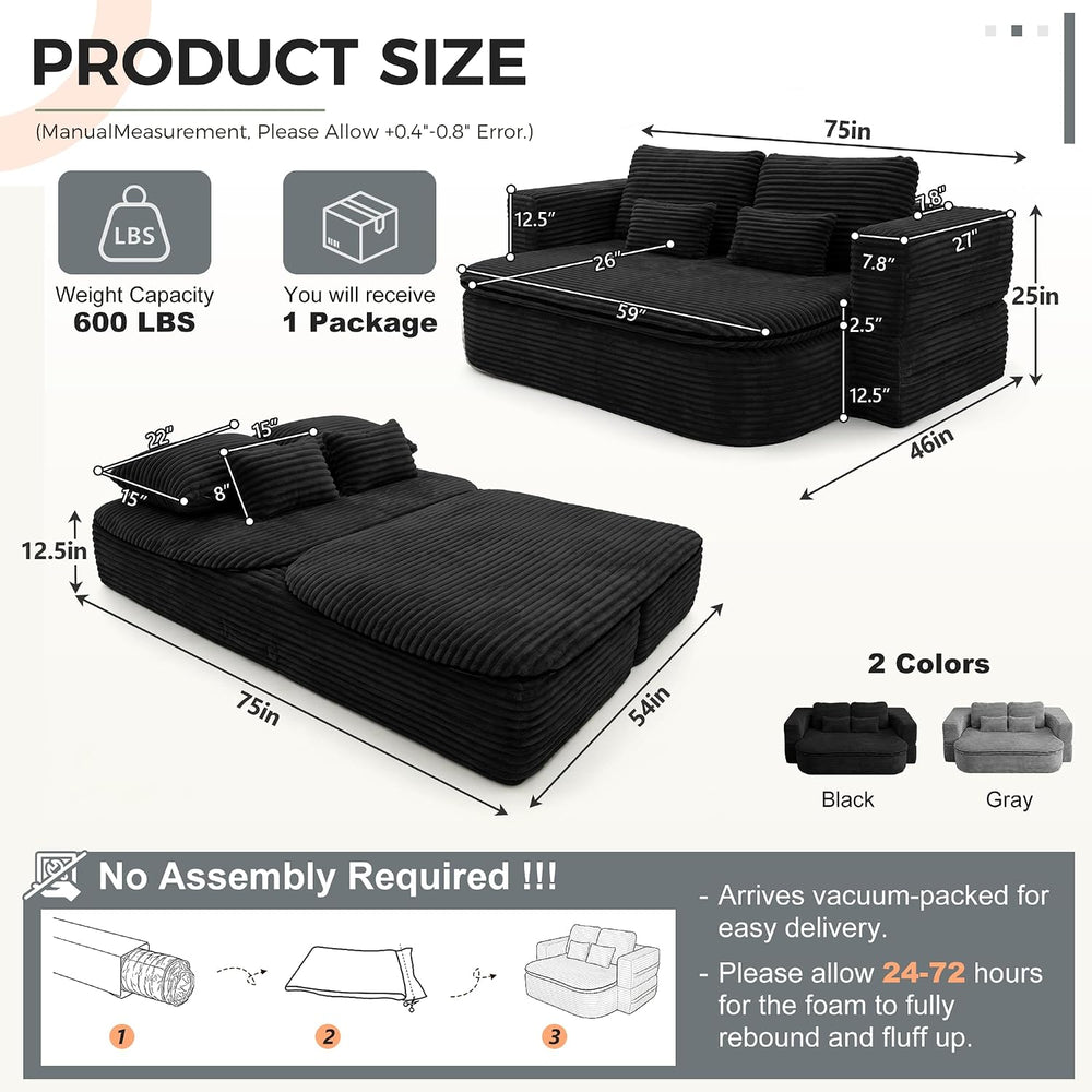 75" Boneless Couch Bed,Fold Up Sleeper Sofa for Adults