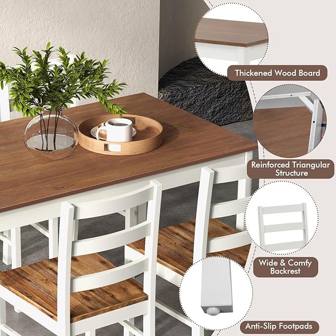 COSTWAY Dining Table Set for 4, Wood Kitchen Table Chairs Set with Rubber Woo...