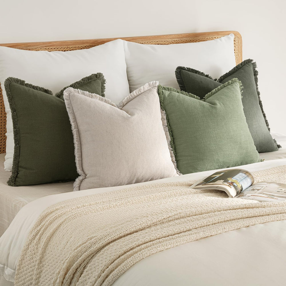 MIULEE Decorative Linen Fringe Throw Pillow Covers 18x18 Beige/Sage Green