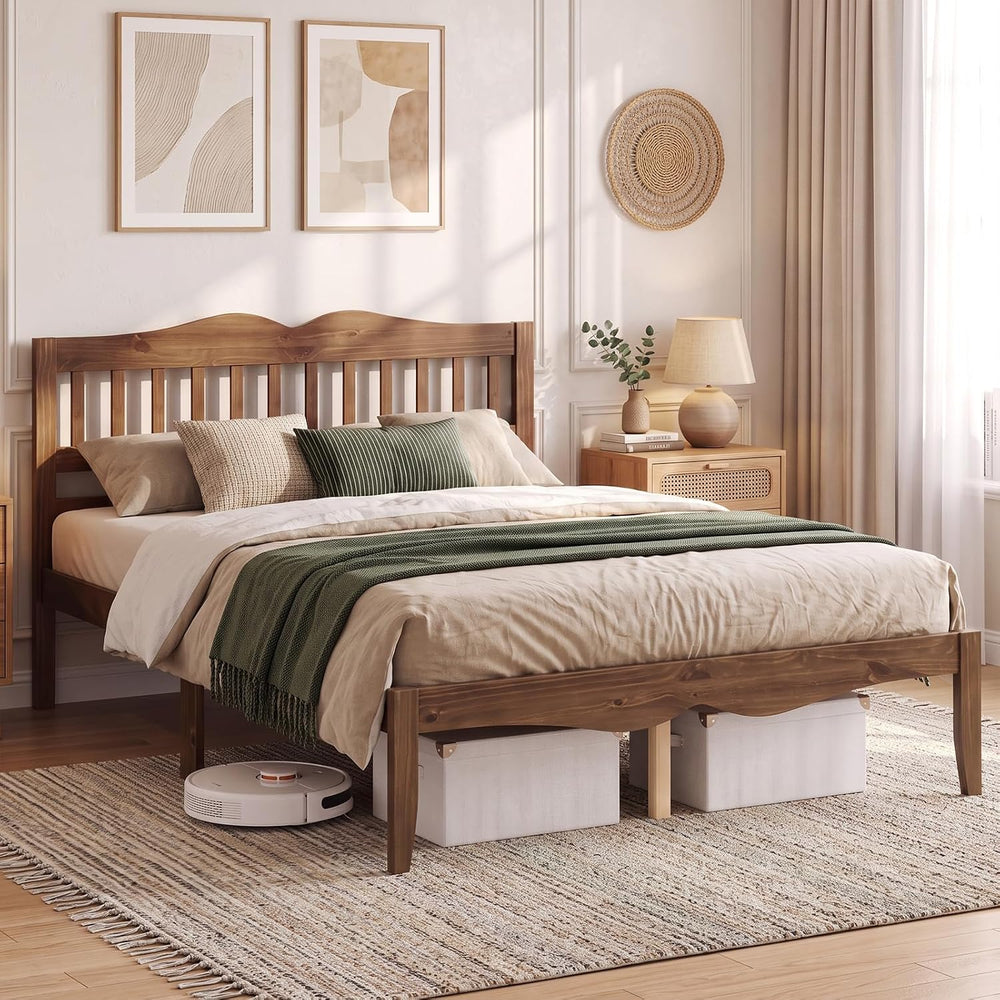 KOMFOTT Full Size Bed Frame, Farmhouse Wooden Bed with Slatted Headboard