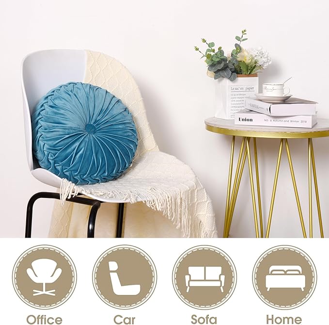 HIG Set of 2 Dusty Blue Ruched Velvet Round Throw Pillows – 14.5’’ Decorative
