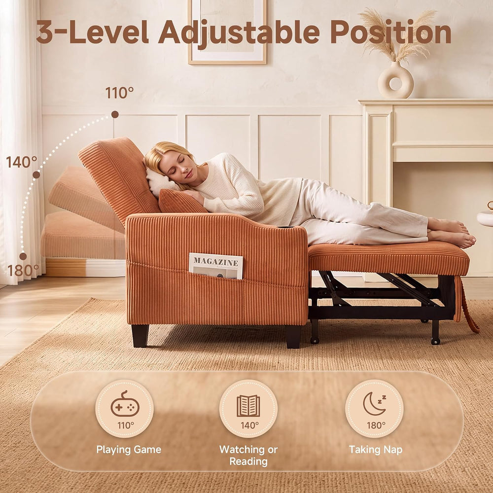 3 in 1 Convertible Sleeper Chair, Corduroy Single Sleeper Sofa Bed, Pull Out ...