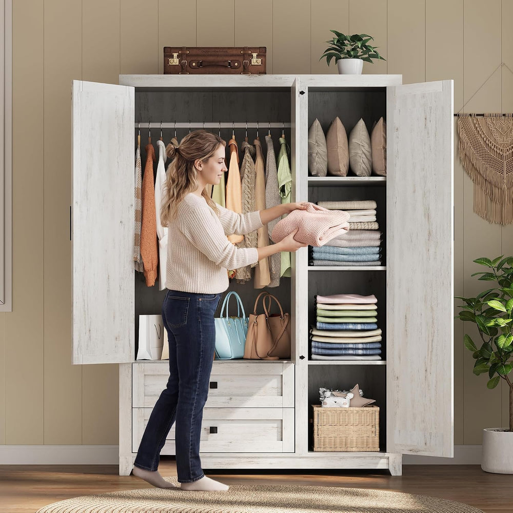 AMERLIFE Farmhouse 3 Door Wardrobe Closet with 2 Drawers & Hanging Rod