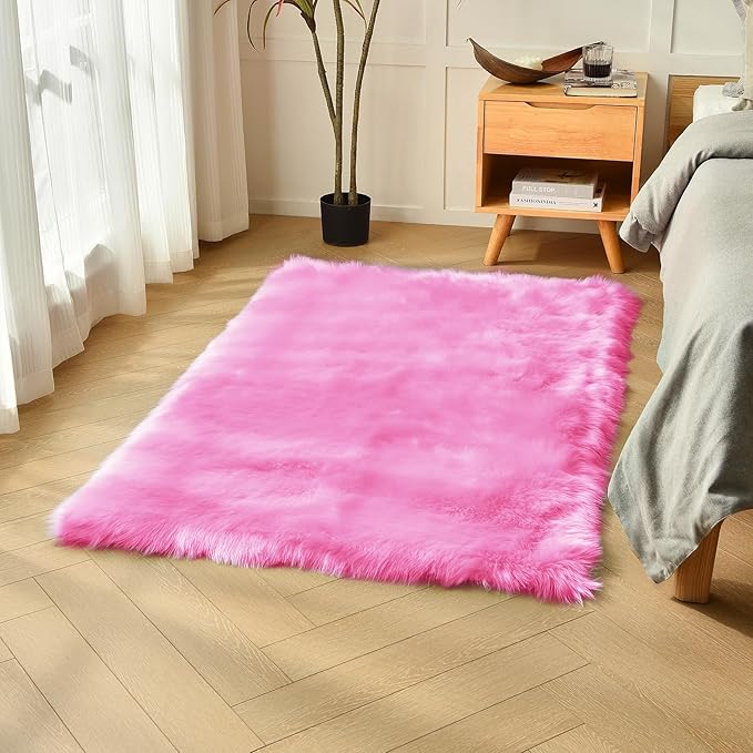 duduta Hot Pink Faux Fur Rug 3x5 ft, Fluffy Shag Rectangular Sheepskin Rug by duduta