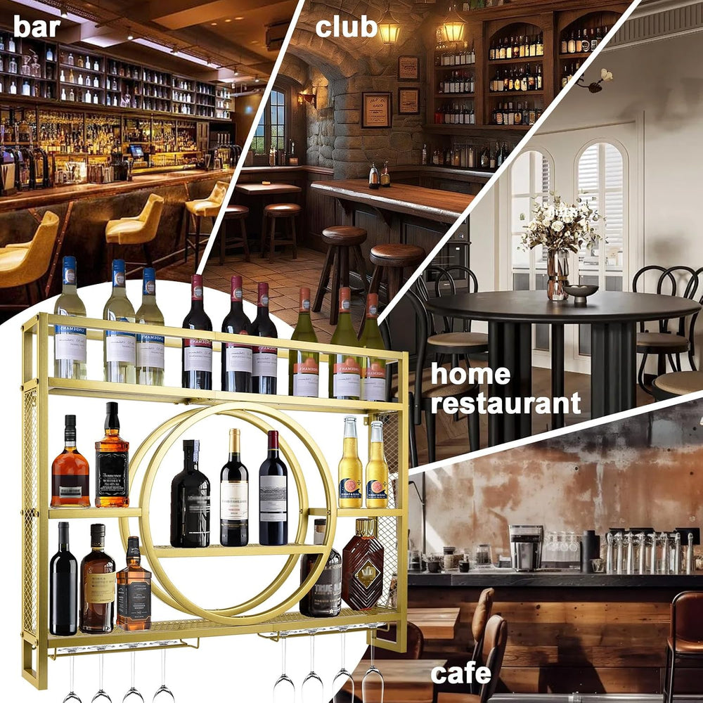 39in Wine Rack Wall Mounted, 3-Tier Metal Bar Shelves with Glass Holder | Mod...